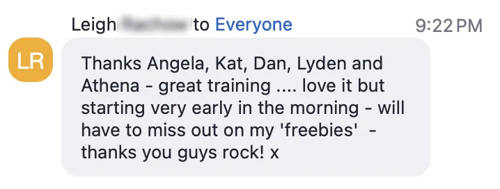 Leigh thanking Angela, Kat, Dan, Lyden and Athena for the training