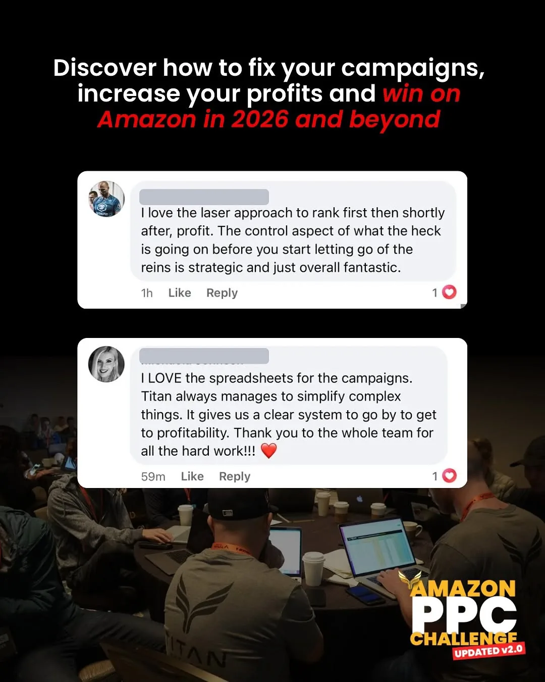 Member comments on the Titan PPC approach: rank first then profit, plus the campaign spreadsheets that simplify scaling to profitability