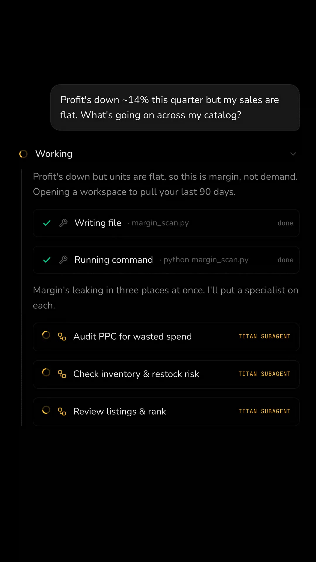 Titan AI demo investigating PPC, inventory and listings